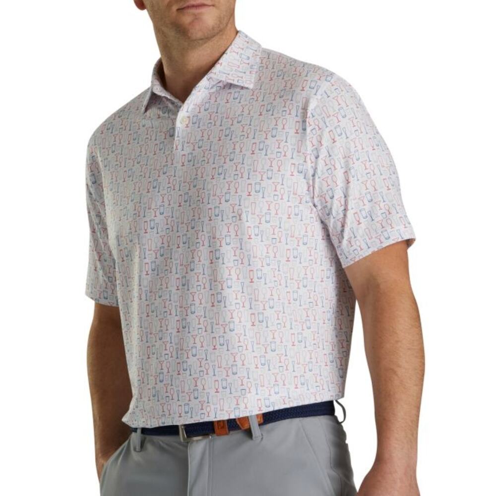 FootJoy Lisle Glass Print Golf Polo White Blue Performance Stretch Shirt L 28470